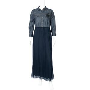 BRUNELLO CUCINELLI Denim Pleated Tulle Maxi Dress Size M